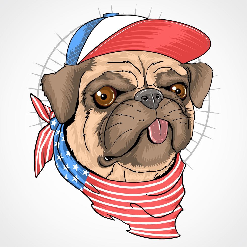 Perro pug con pañuelo y sombrero de bandera americana vector