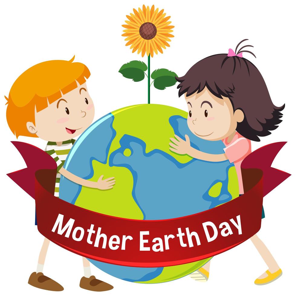 Mother earth day poster with happy kids hugging earth  vector