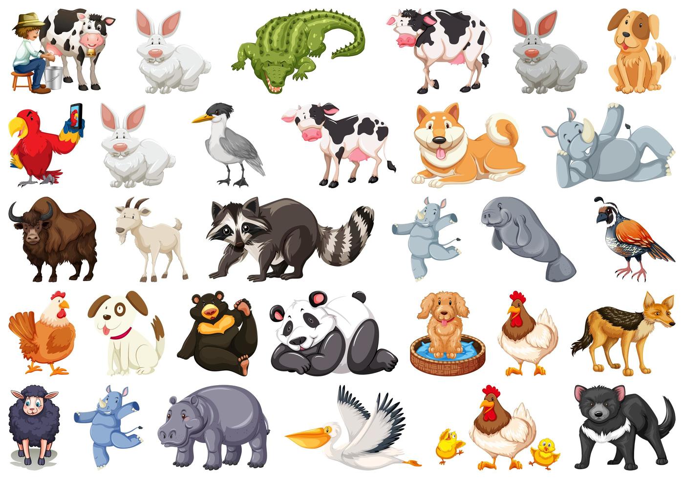 conjunto diverso de animales aislados en blanco vector