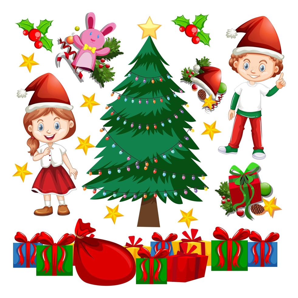 elementos de niños y árboles de navidad vector