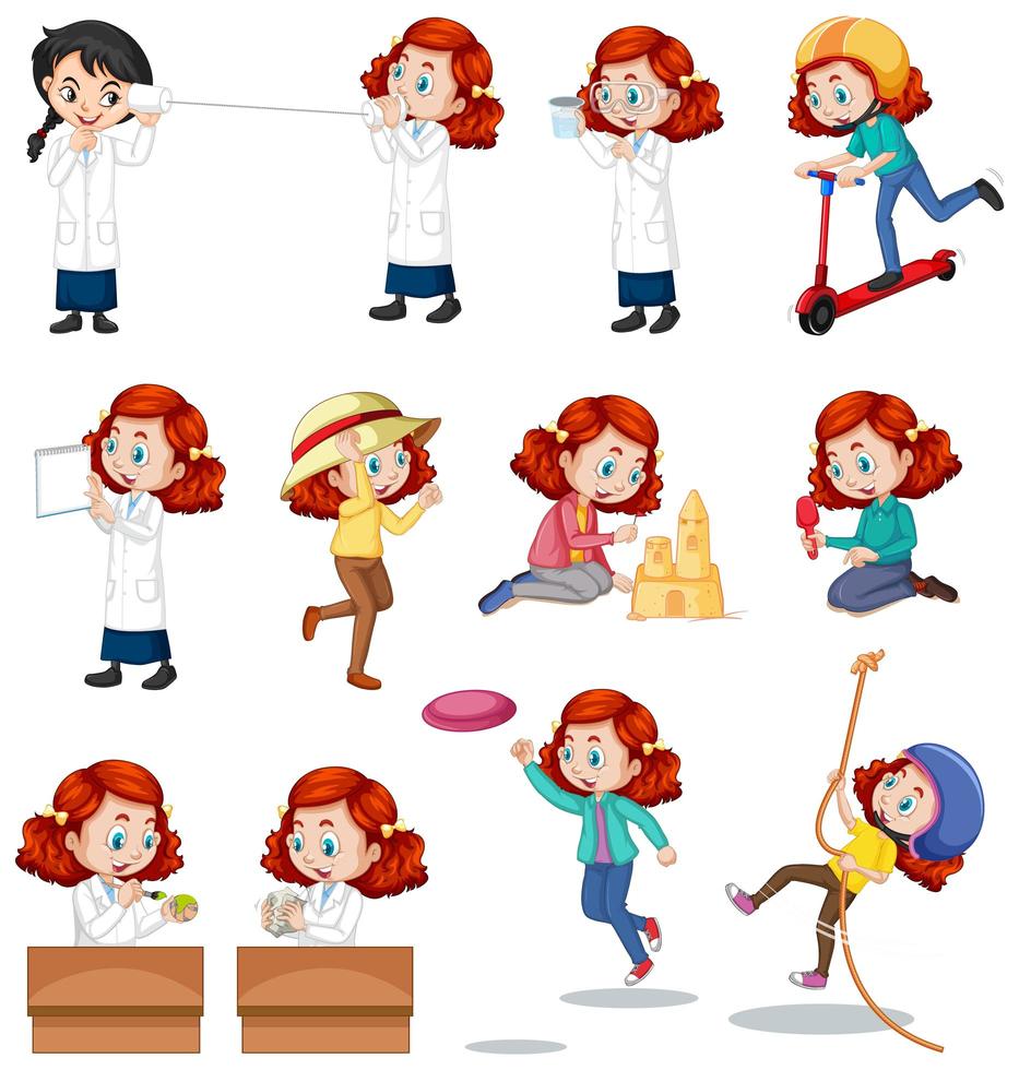 Red hair girl doing different activities set vector