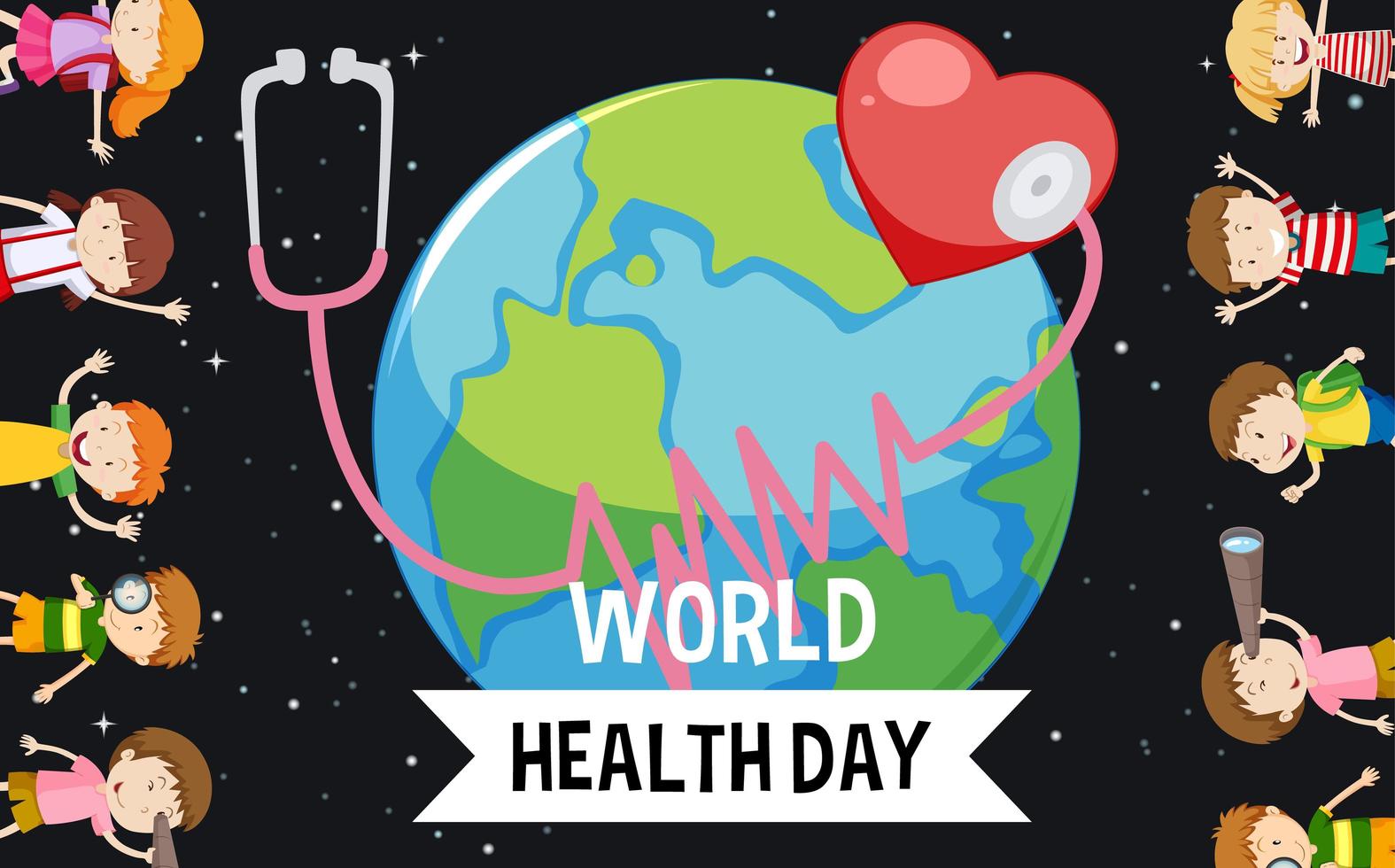 World health day with many earth and children  vector