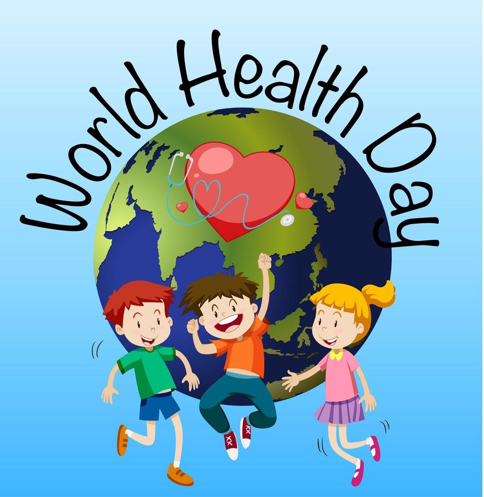 Cartel del día mundial de la salud con niños y globo vector