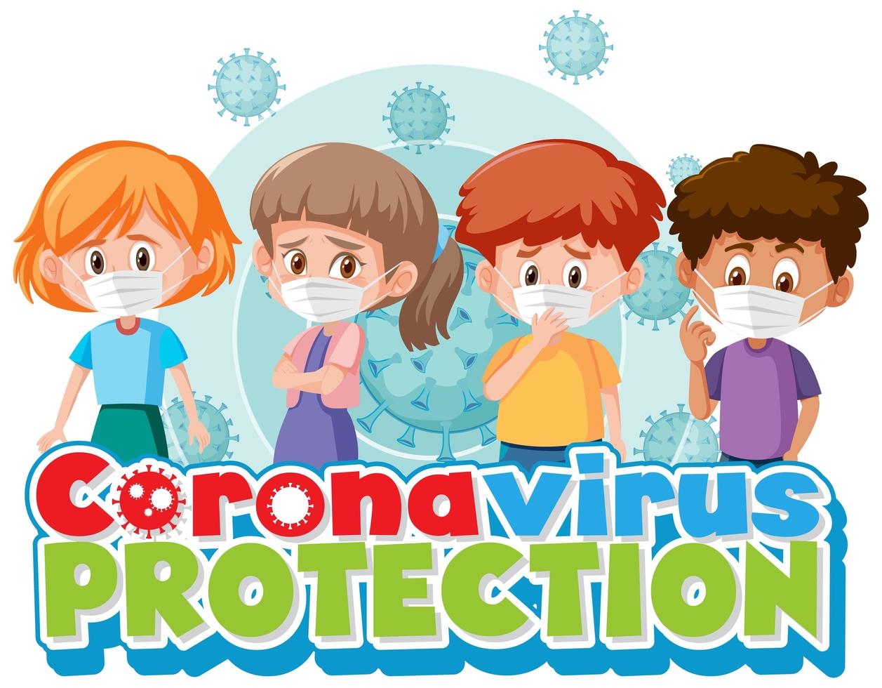 niños de dibujos animados con tema de protección de coronavirus vector