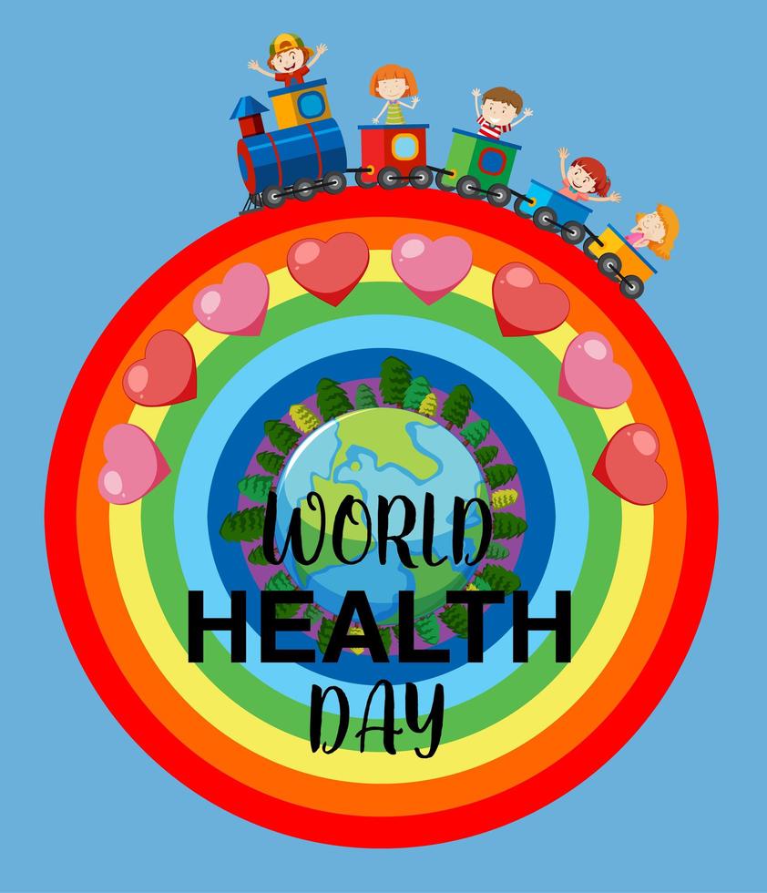 Cartel del día mundial de la salud con niños que viajan en tren vector