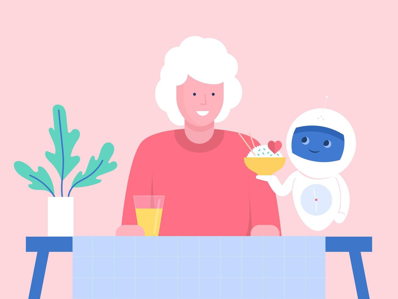 Robot Serves Dinner to Senior Woman vector