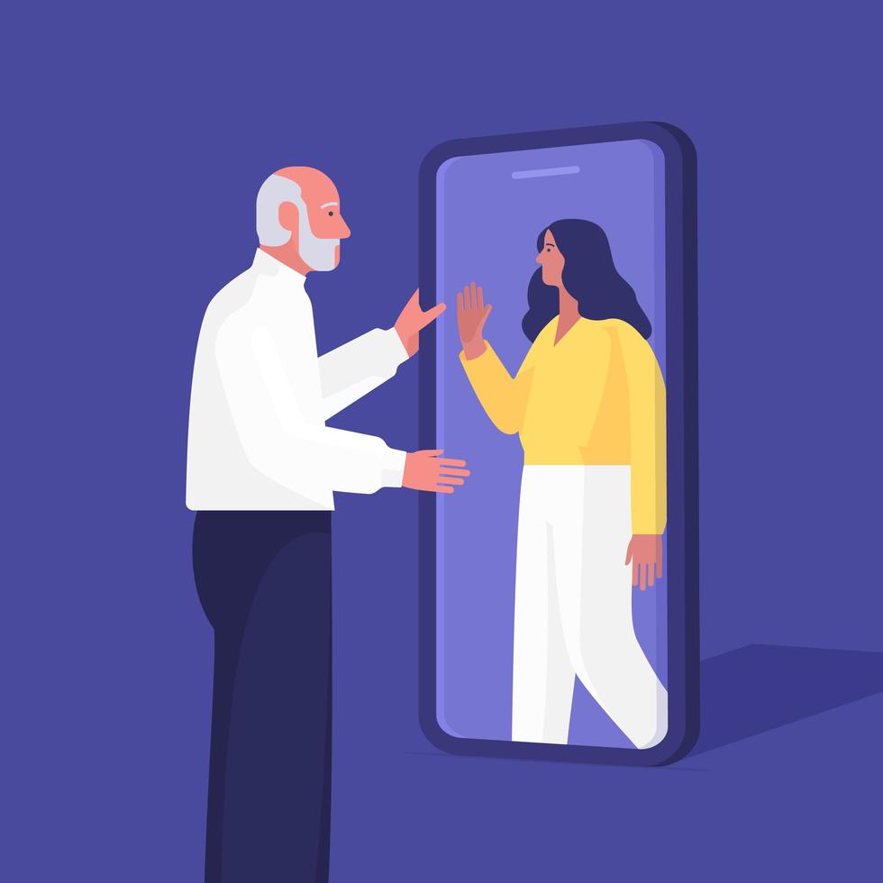 Senior Man Having Video Call on Smartphone vector