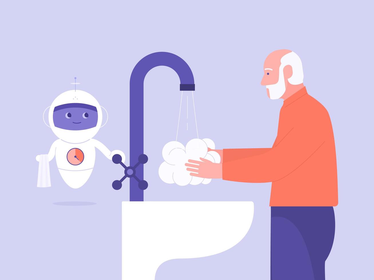 Senior Man Washing Hands with Healthcare Robot vector