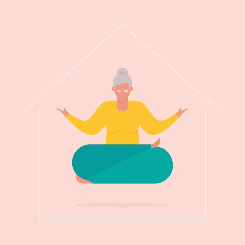 Cartoon Senior Woman Doing Yoga At Home vector