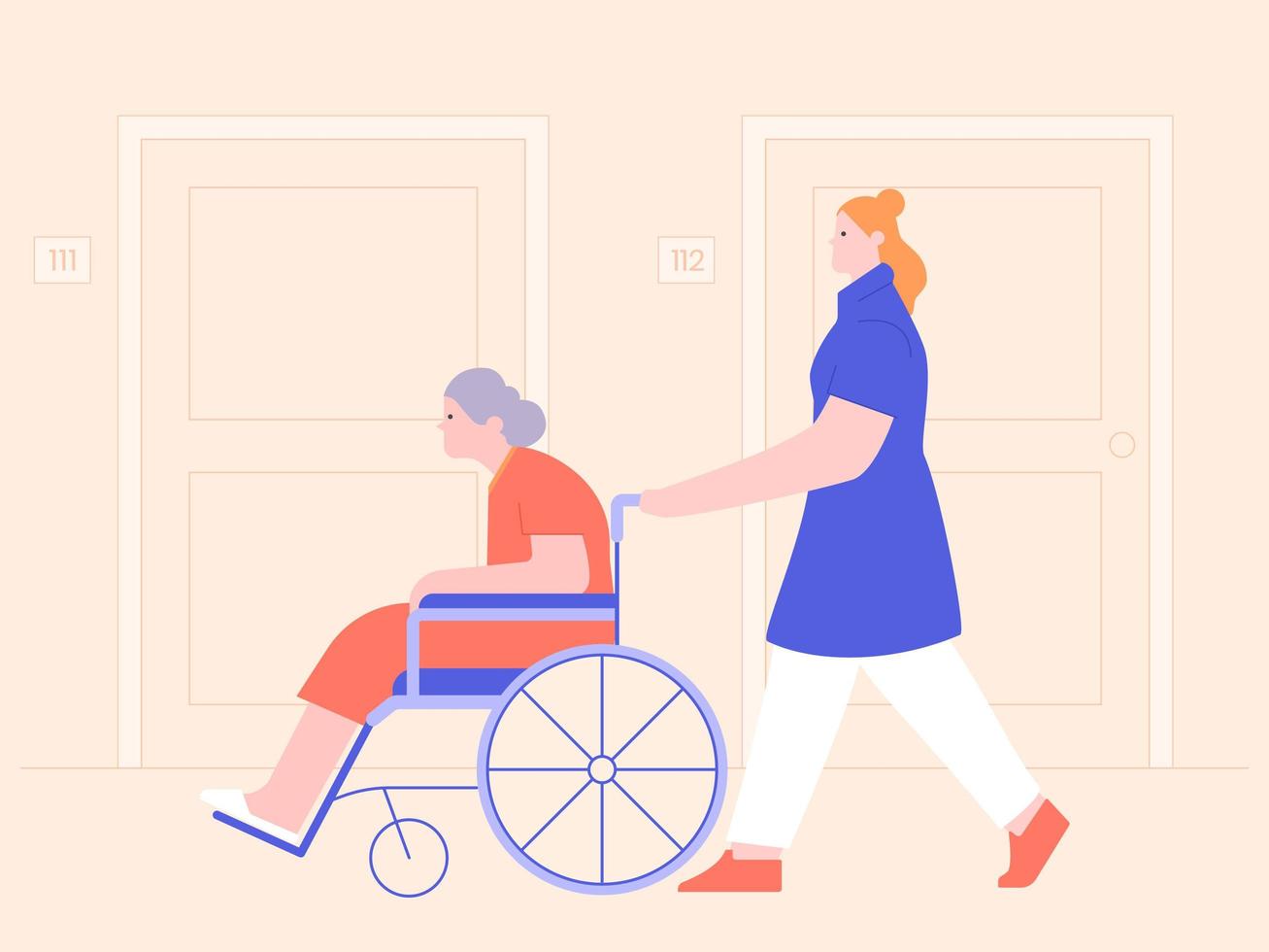 Nurse Pushing Elderly Woman on Wheelchair  vector