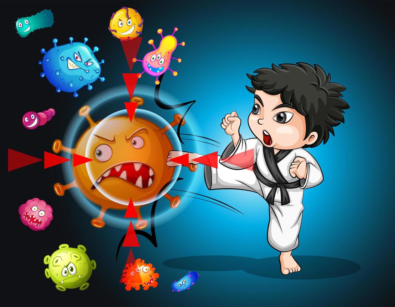 Boy in Black Belt Karate Suit Kicking Virus Cell vector