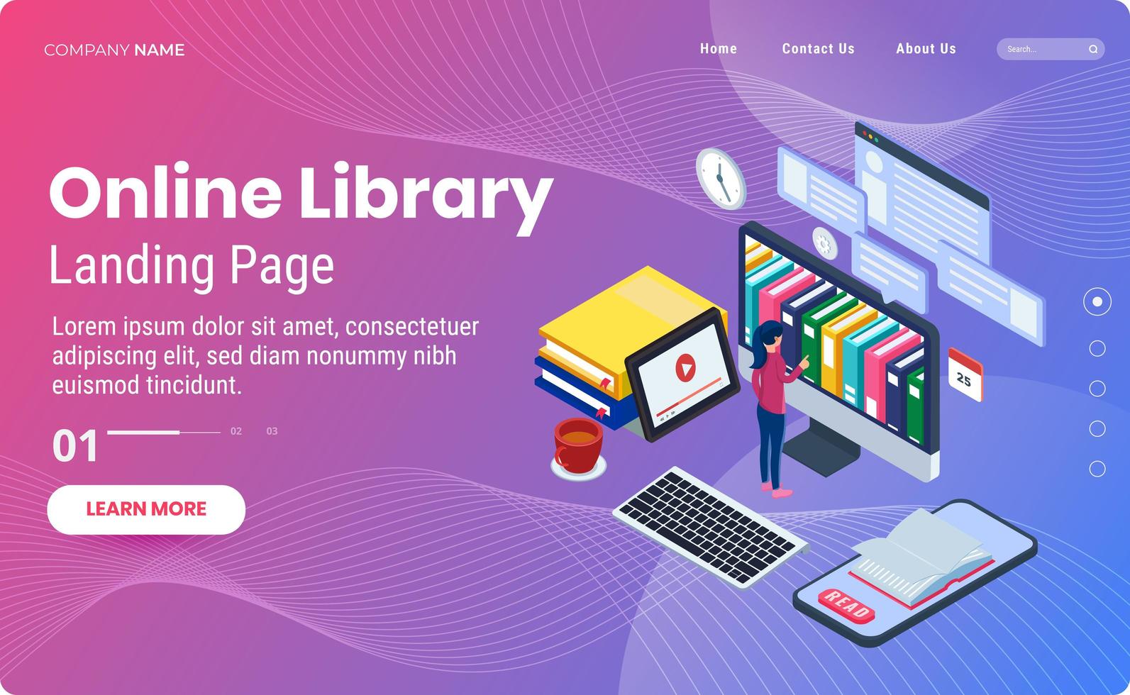 Online library landing page template vector