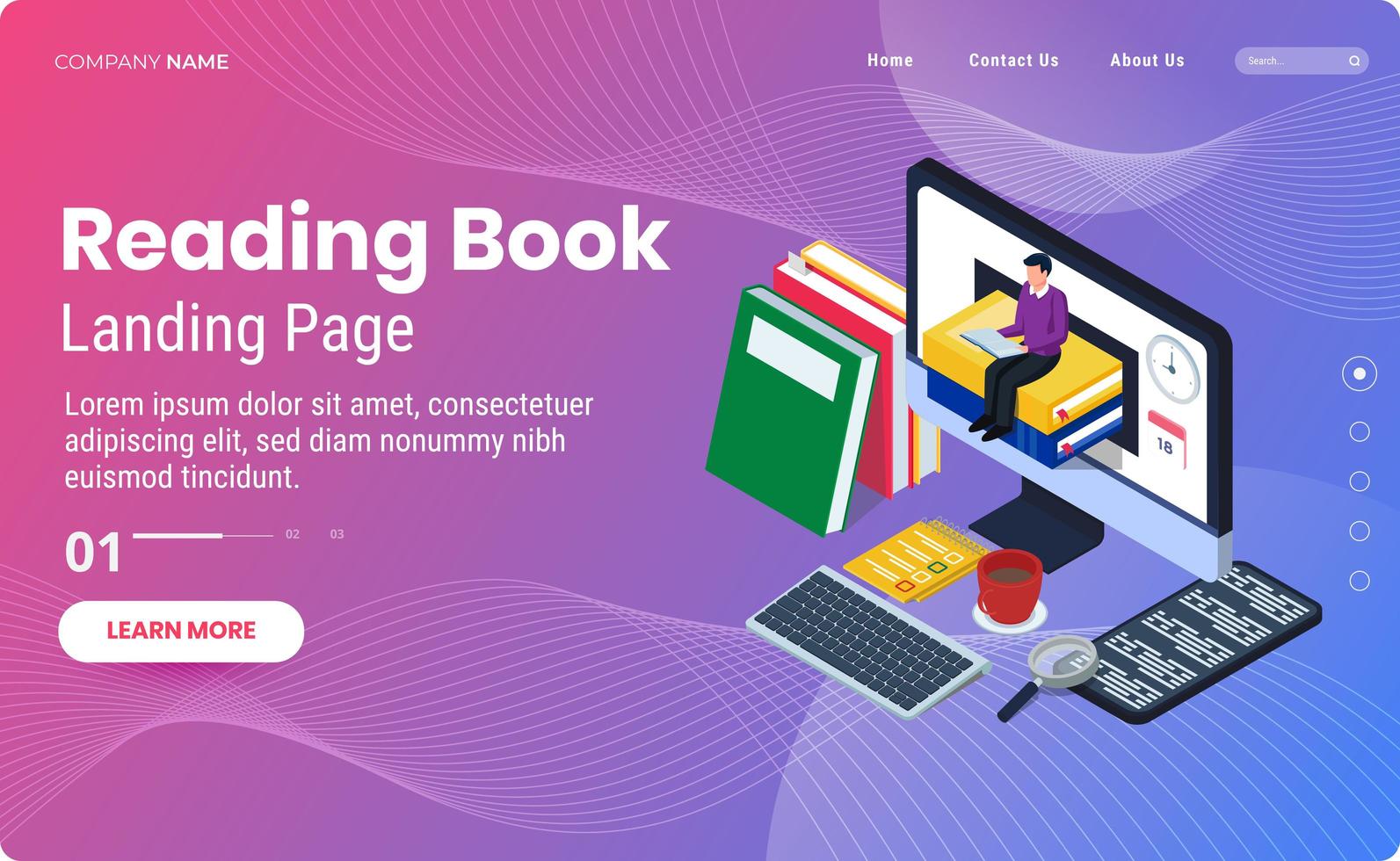 Reading book landing page template vector