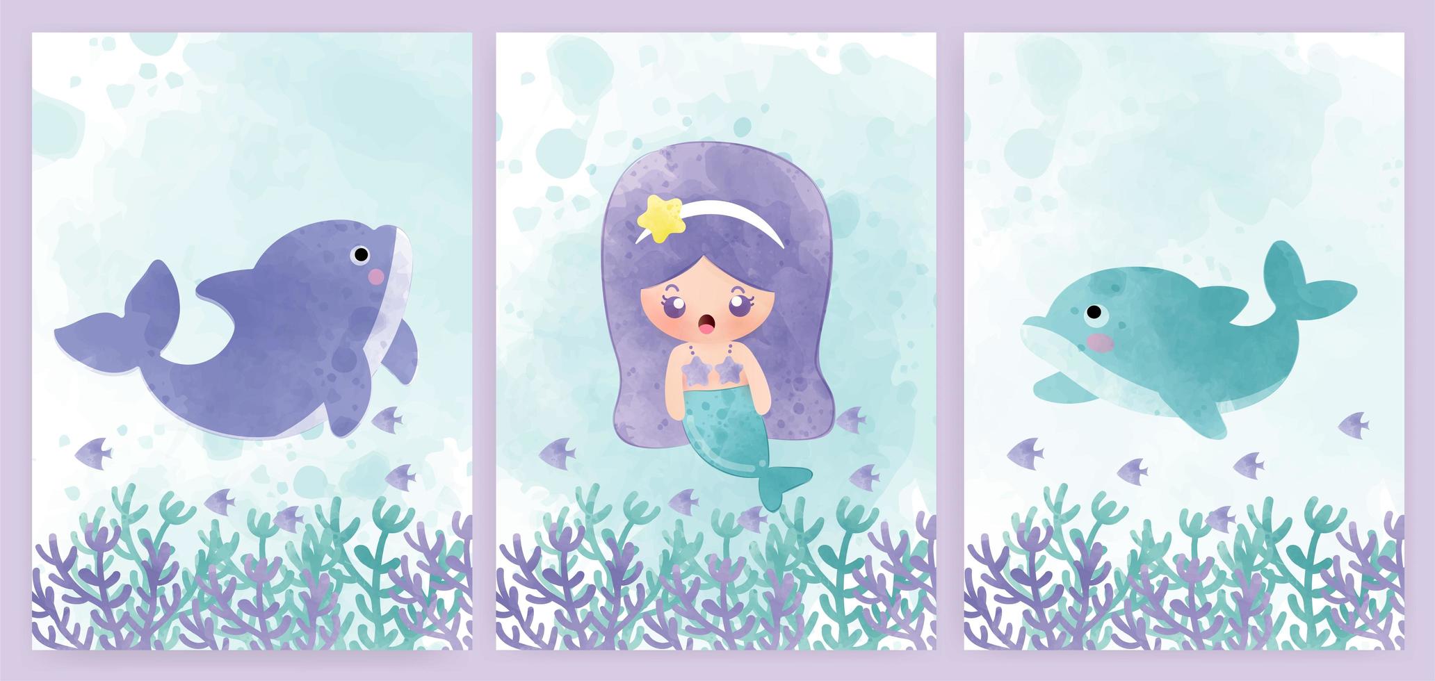 Watercolor style mermaid and dolphin card set vector