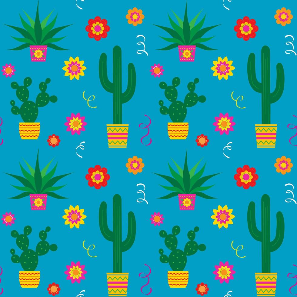 Cinco de Mayo cactus and flowers seamless pattern vector