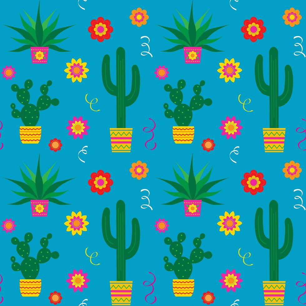 Cinco de Mayo cactus and flowers seamless pattern vector