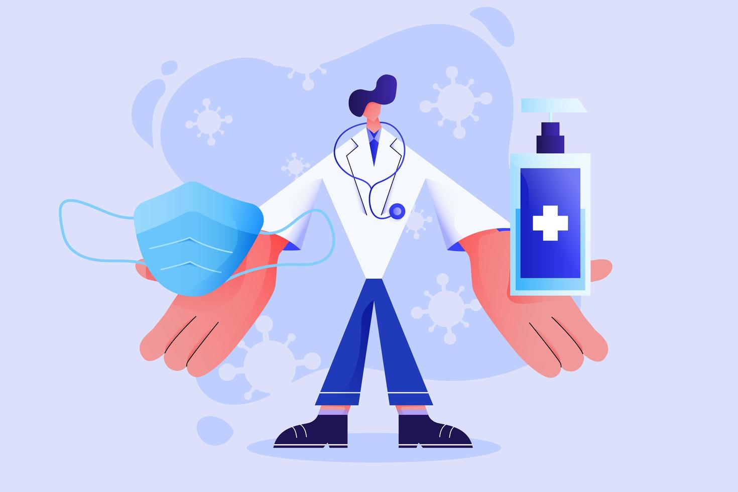 Doctor showing a surgical mask and alcohol gel vector