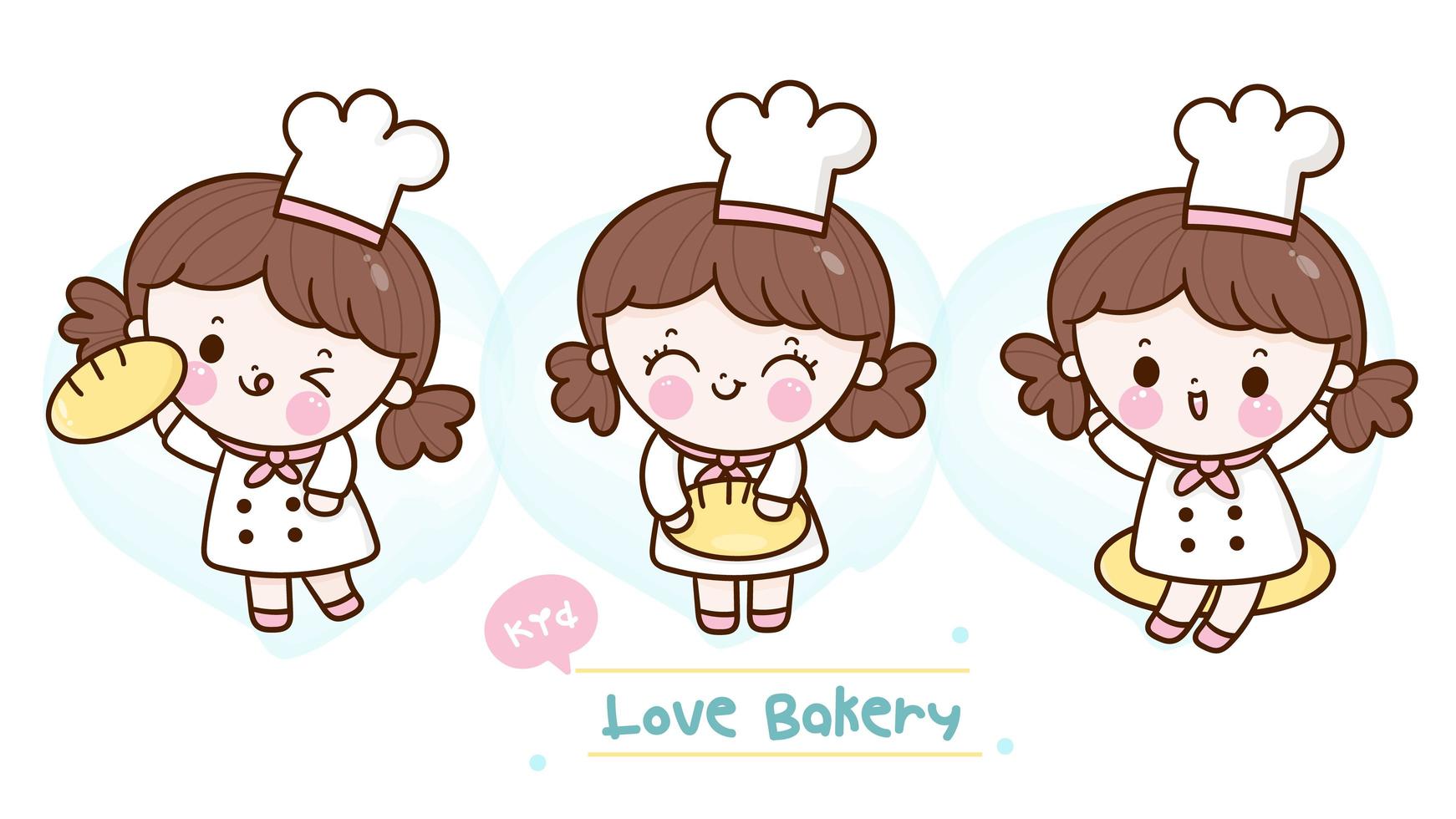 Cute Kawaii baker girl collection for cafe shop vector
