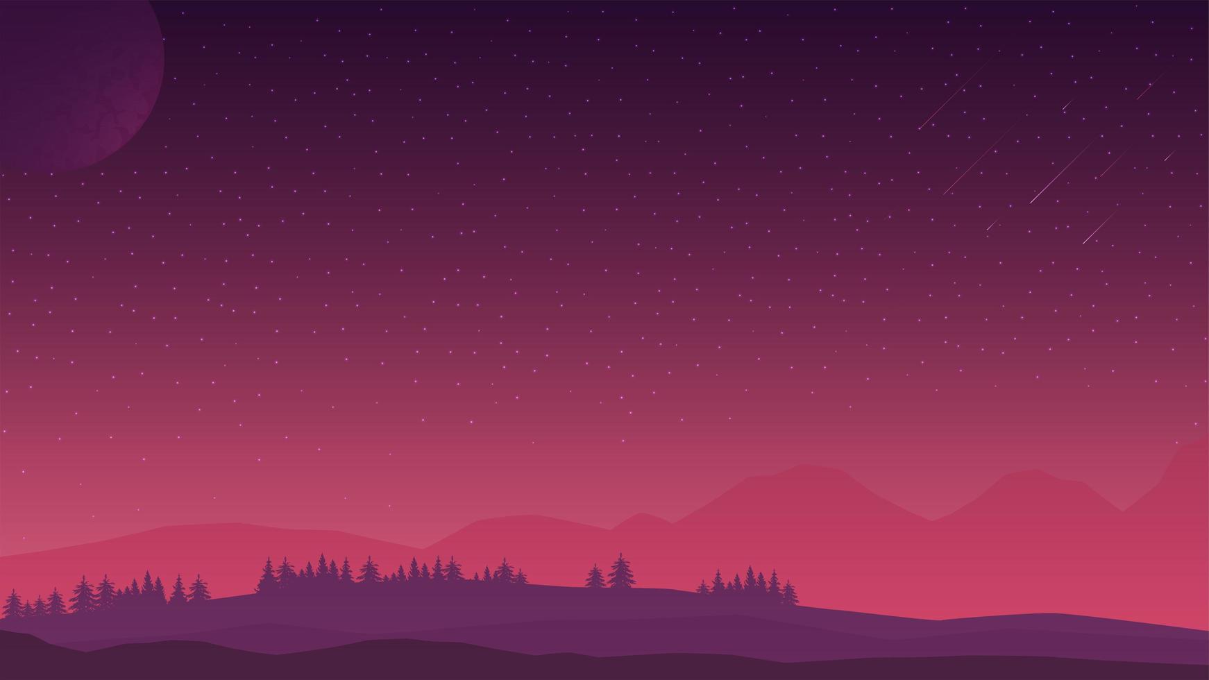 Pink evening landscape with starry sky, hills on the horizon and coniferous forest.  vector