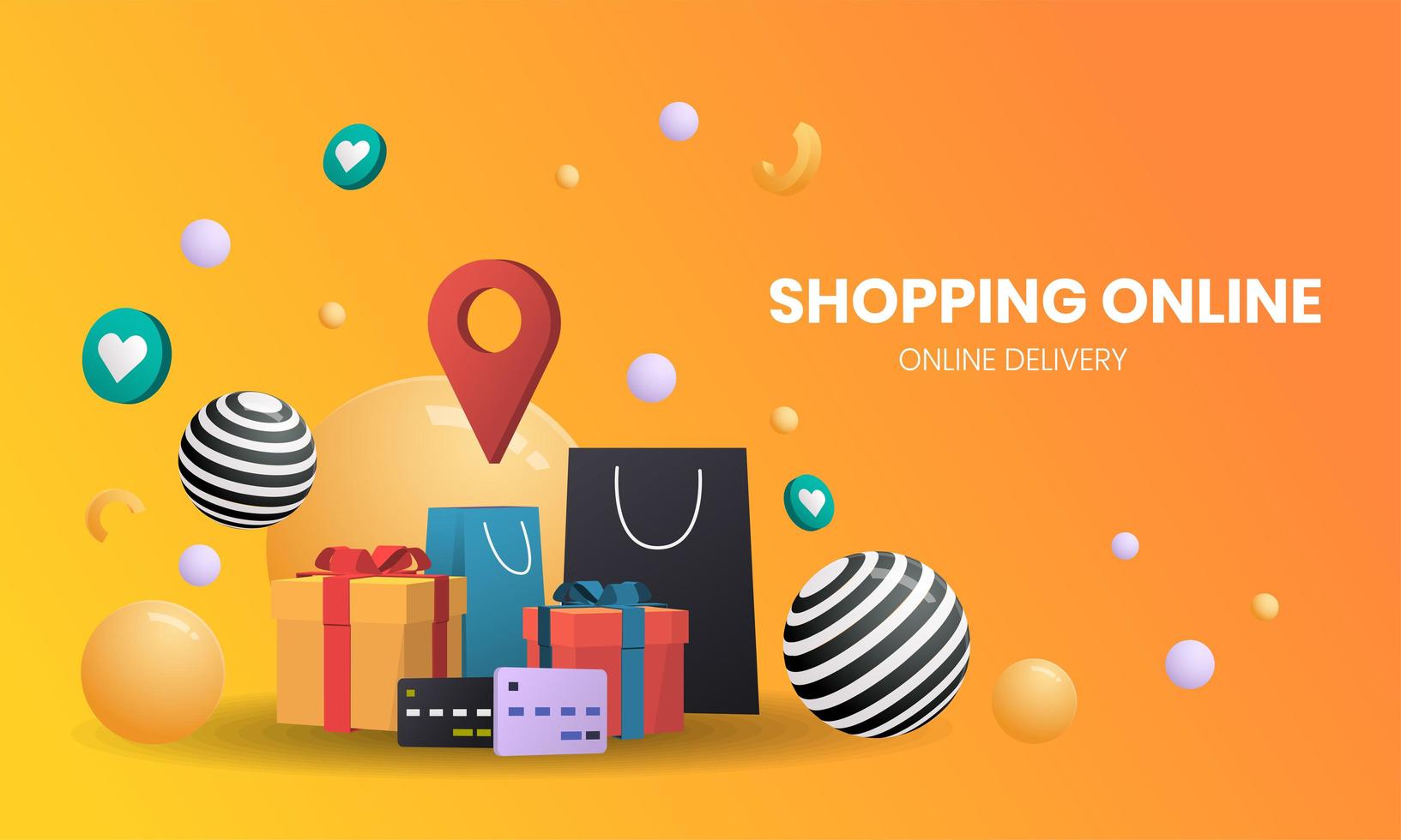 Online shopping landing page with bags  and balls vector