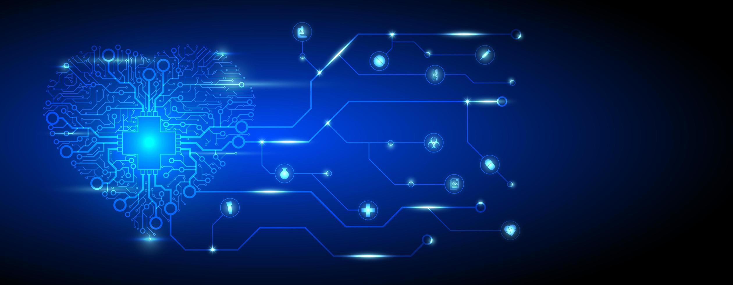 Glowing circuit heart with cross and connected icons vector