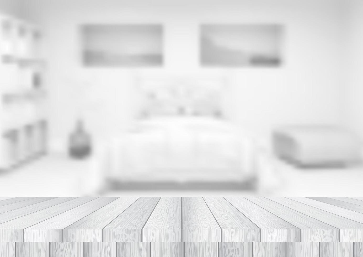 Wooden table looking out to a de-focused bedroom vector