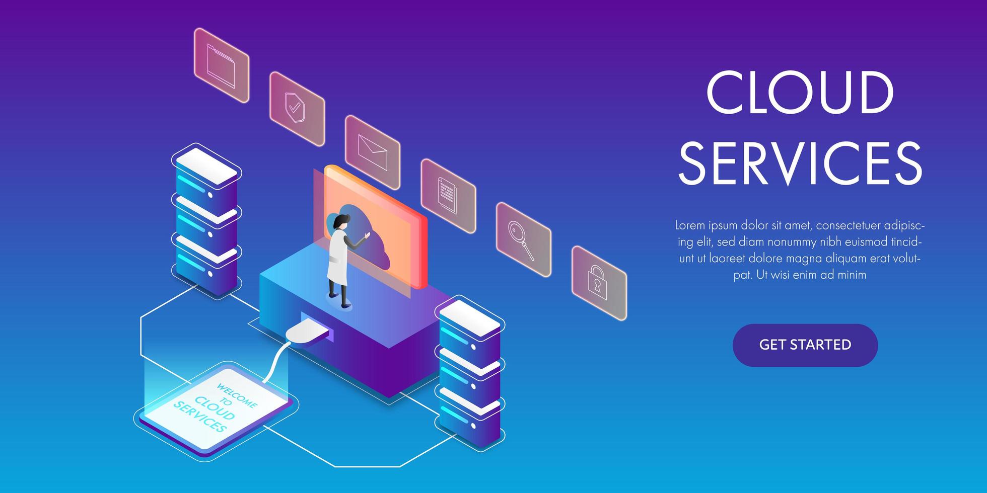 Man using computer cloud services concept vector