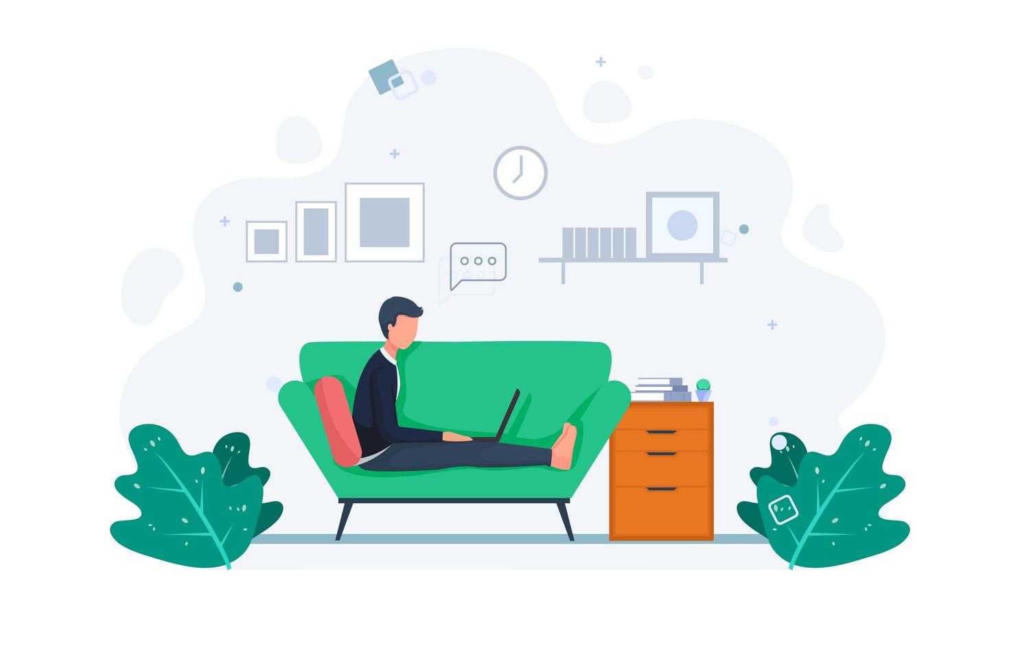 Man working from home on the couch vector
