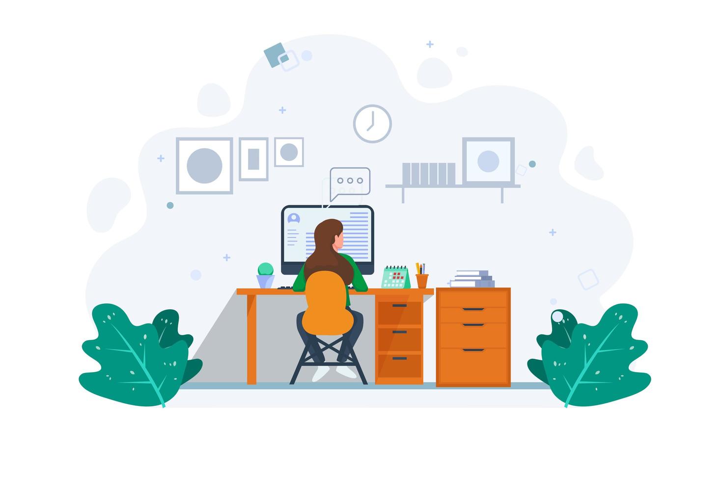 Flat style woman at disk in workspace vector