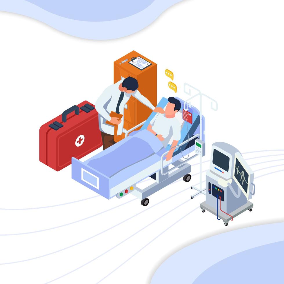 Doctor touching patient in hospital bed vector