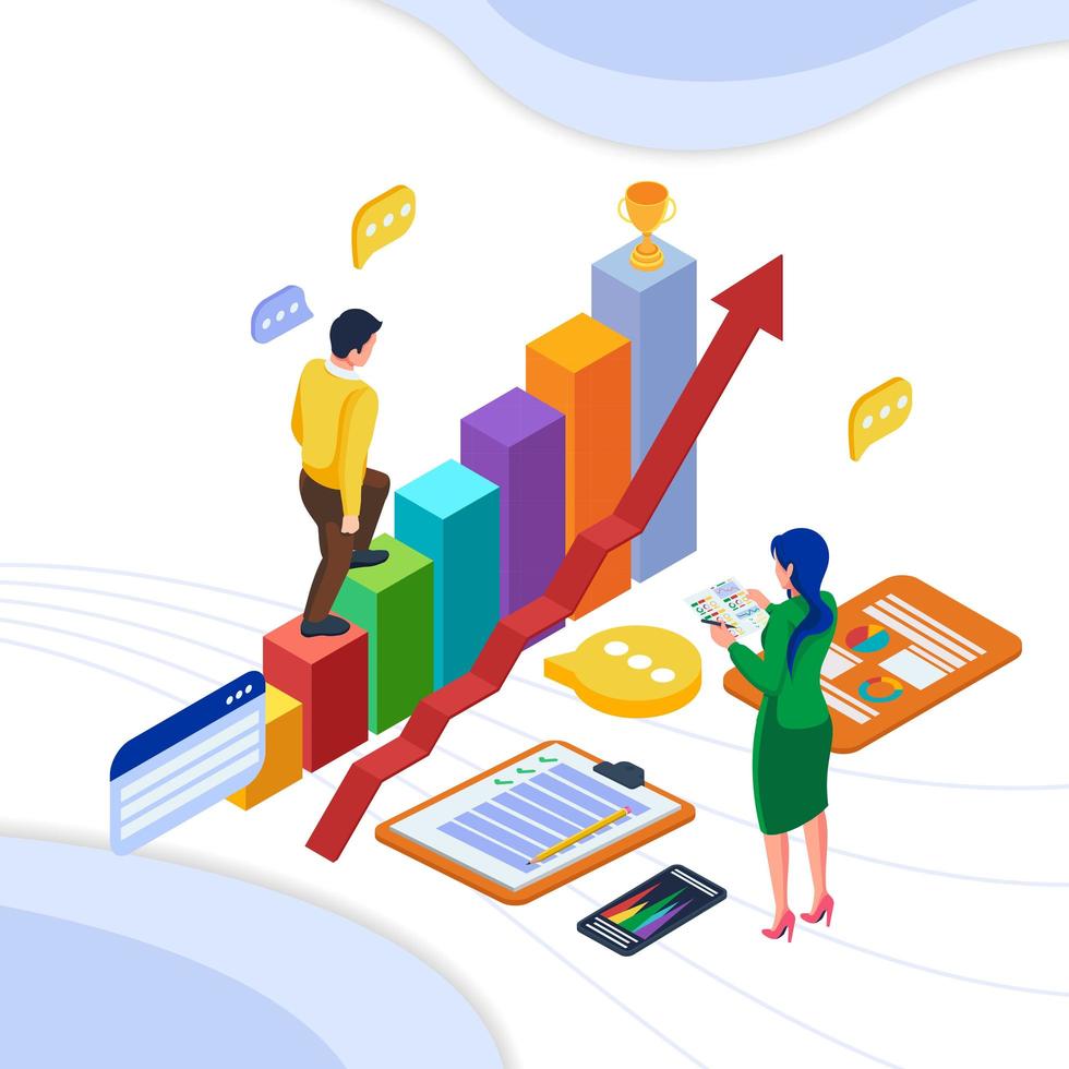 Teamwork communication with chart and data vector