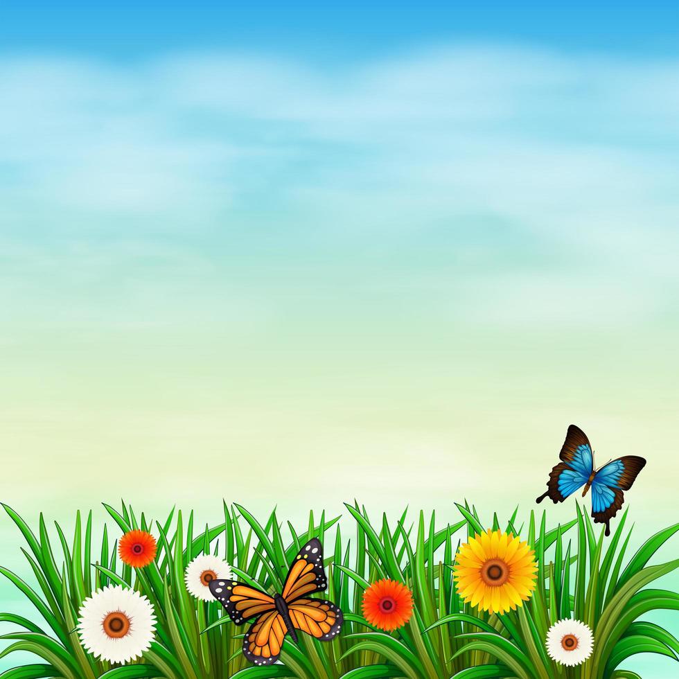 un jardín de flores con mariposas vector