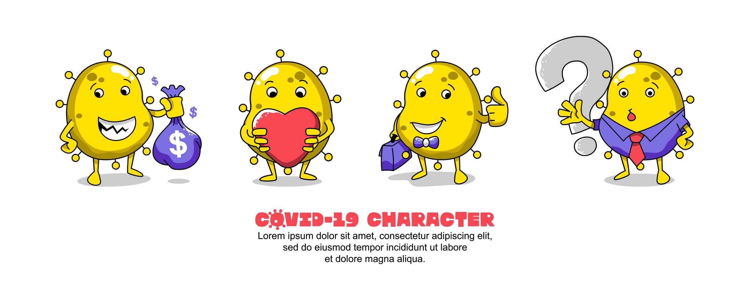 conjunto de caracteres covid-19 amarillo vector