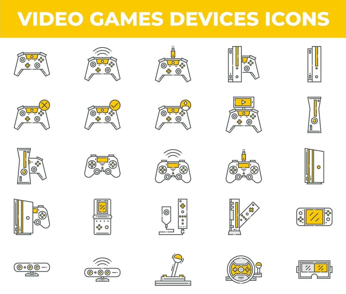 iconos de videojuegos y dispositivos blancos y amarillos vector