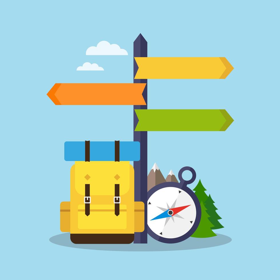 Signpost with compass and backpack vector