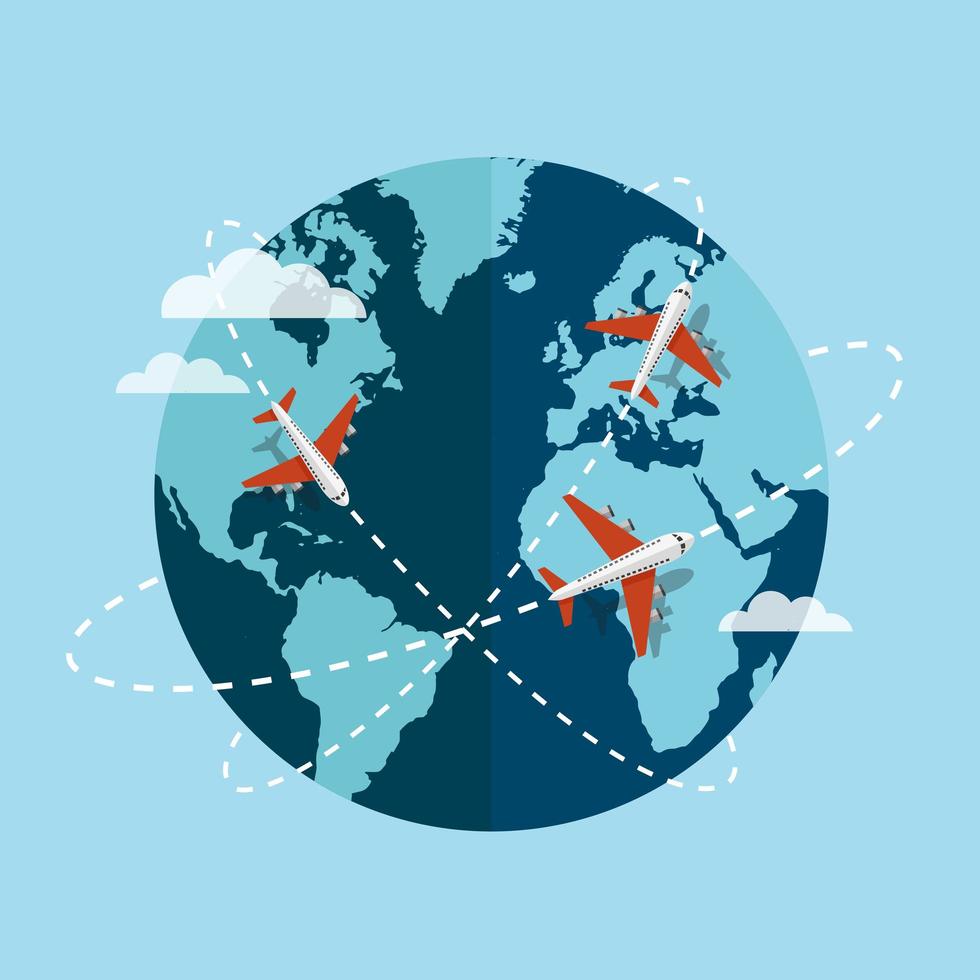 Planes traveling around globe vector