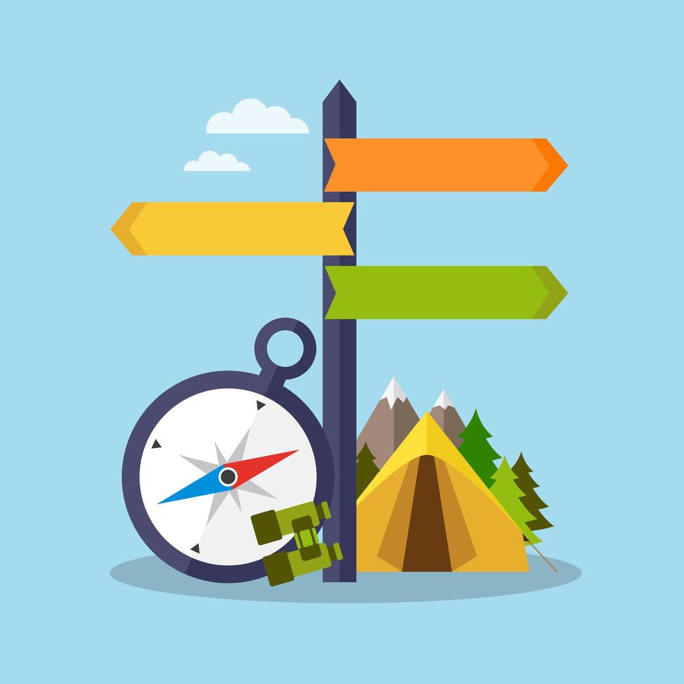 Signpost with compass and camping tent vector