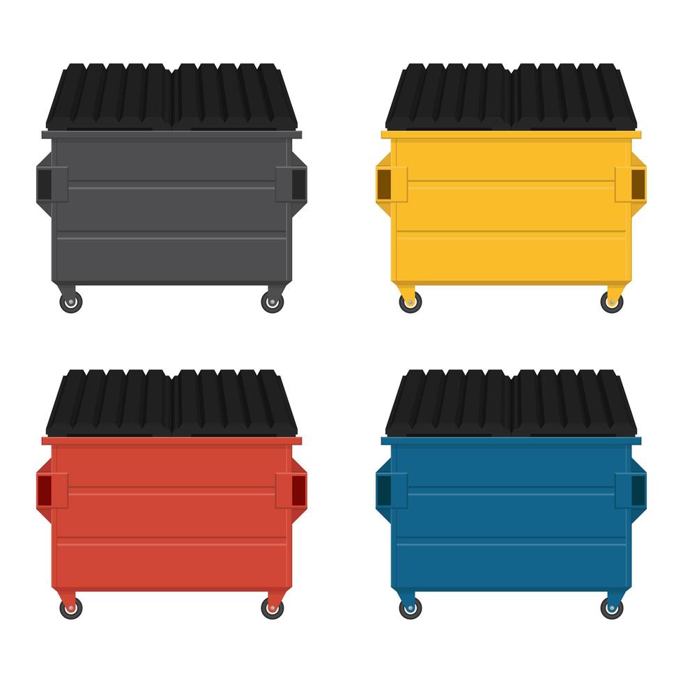 Set of colorful dumpsters with black lids vector