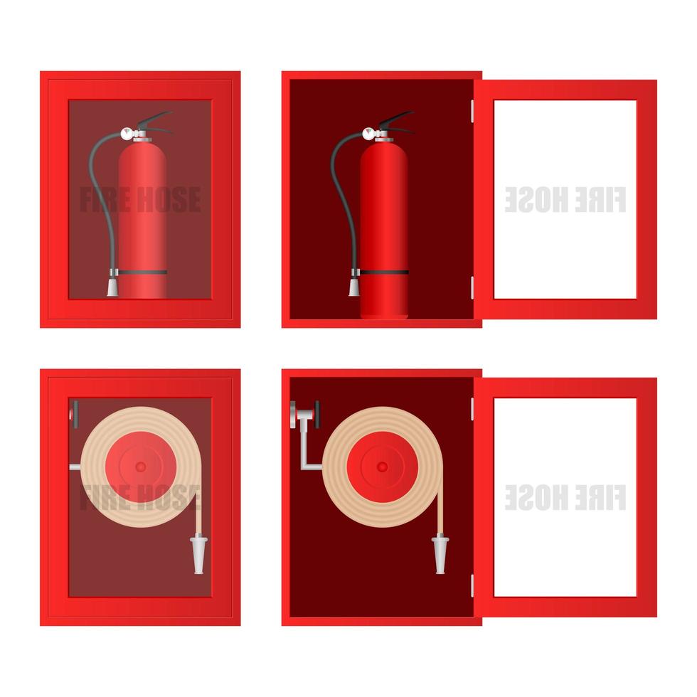 Fire hose and extinguisher cabinet set vector