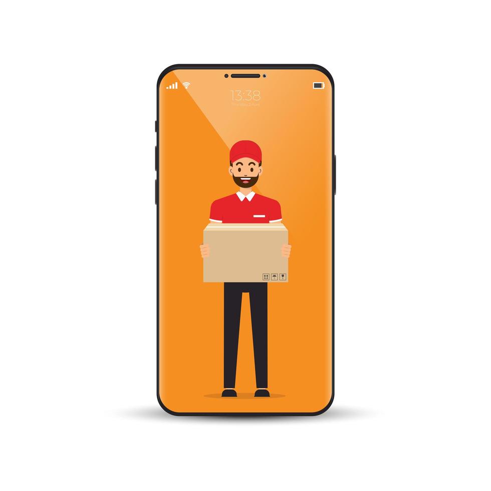 Delivery man holding package on smartphone screen  vector