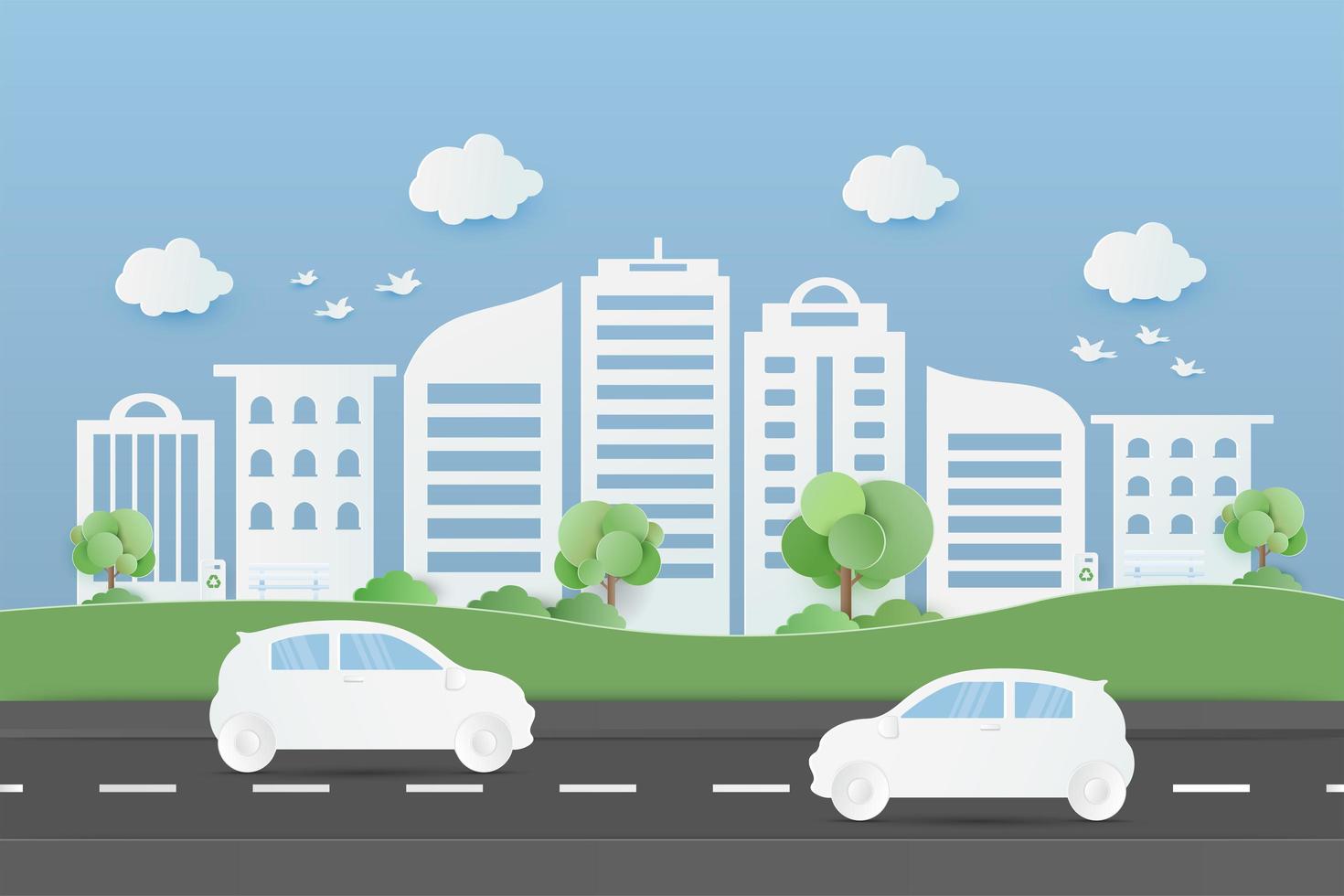 Buildings  and public park with cars on road vector