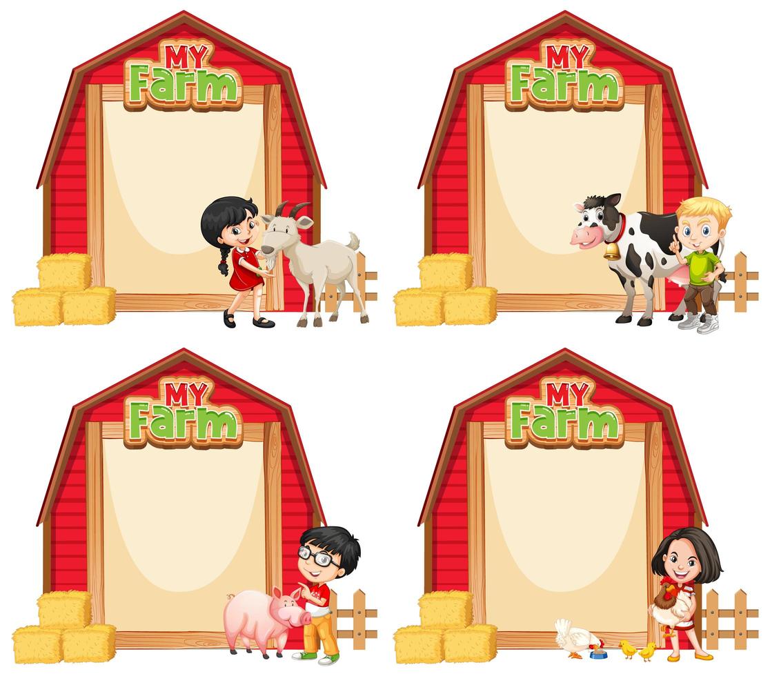 Border template design with children and farm animals vector