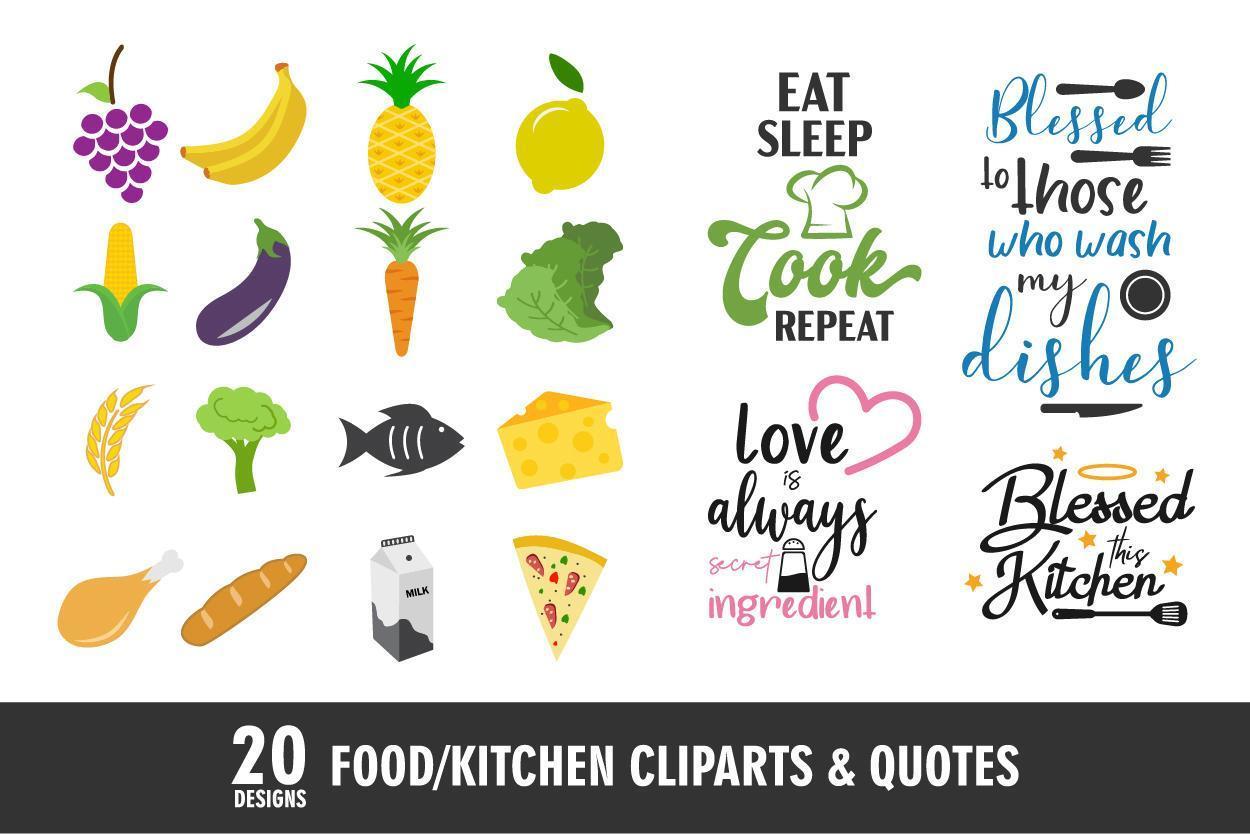 Food and kitchen icons and quotes vector