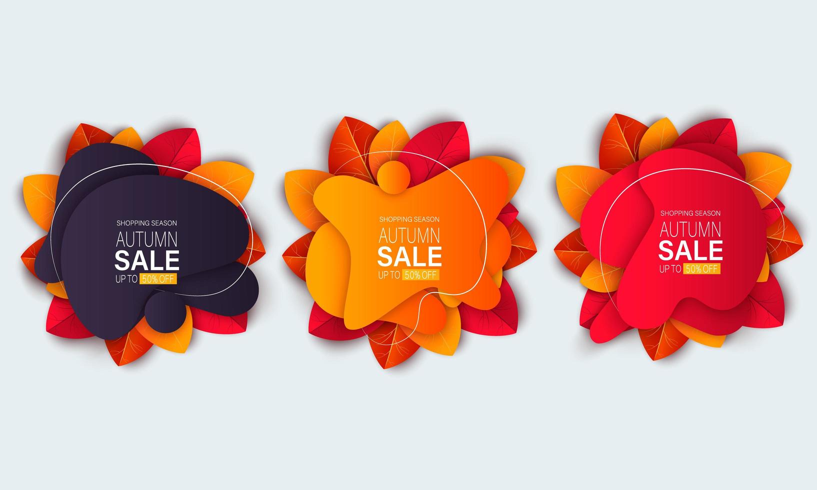 Banners de venta otoño con hojas y formas líquidas vector