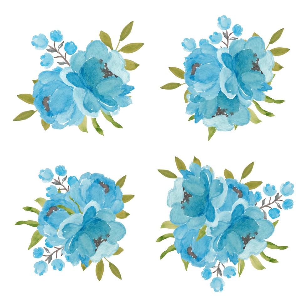 Set of blue peony flower bouquets on white  vector