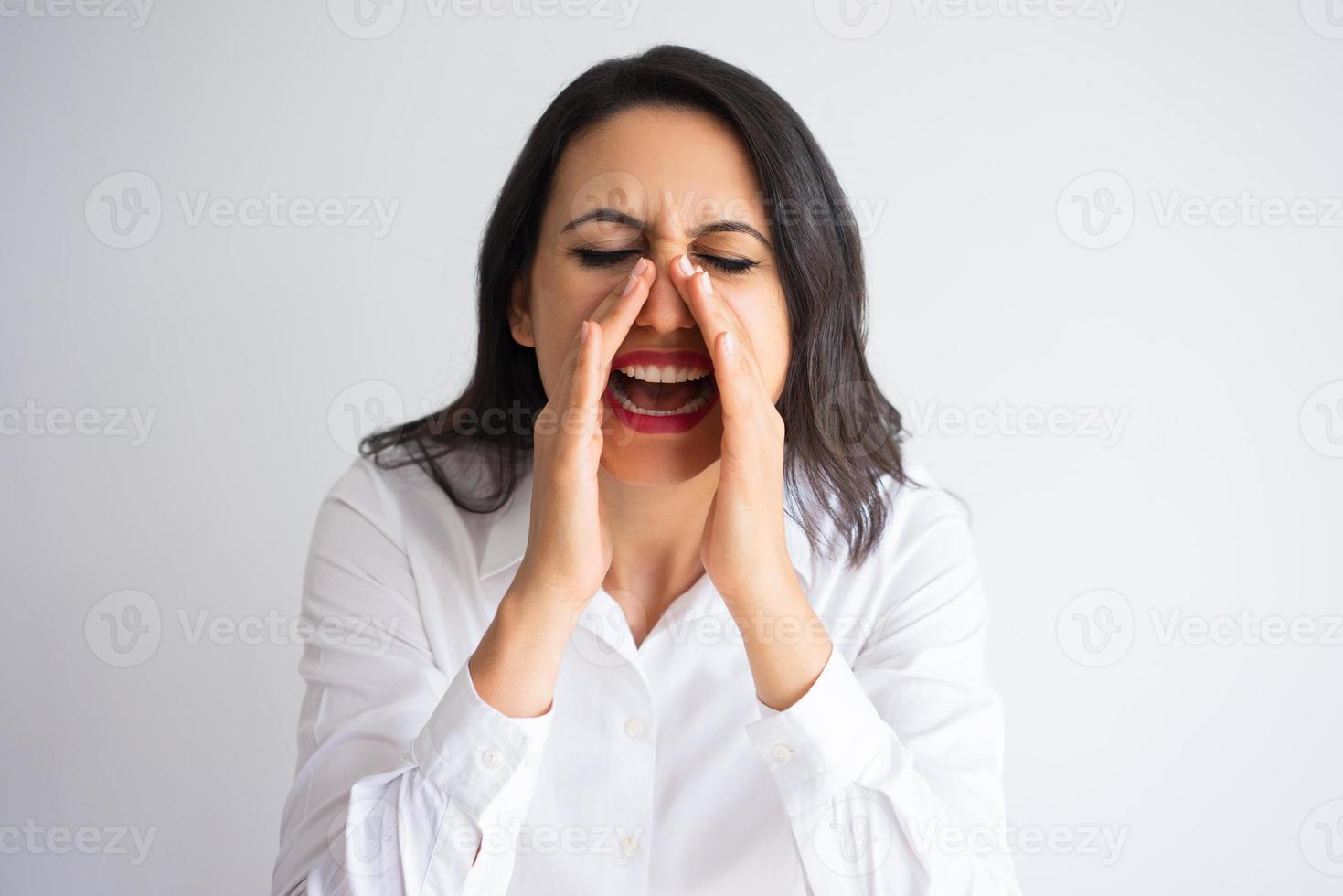 Business Woman Cupping Hands and Shouting Loud 1178280 Stock Photo at