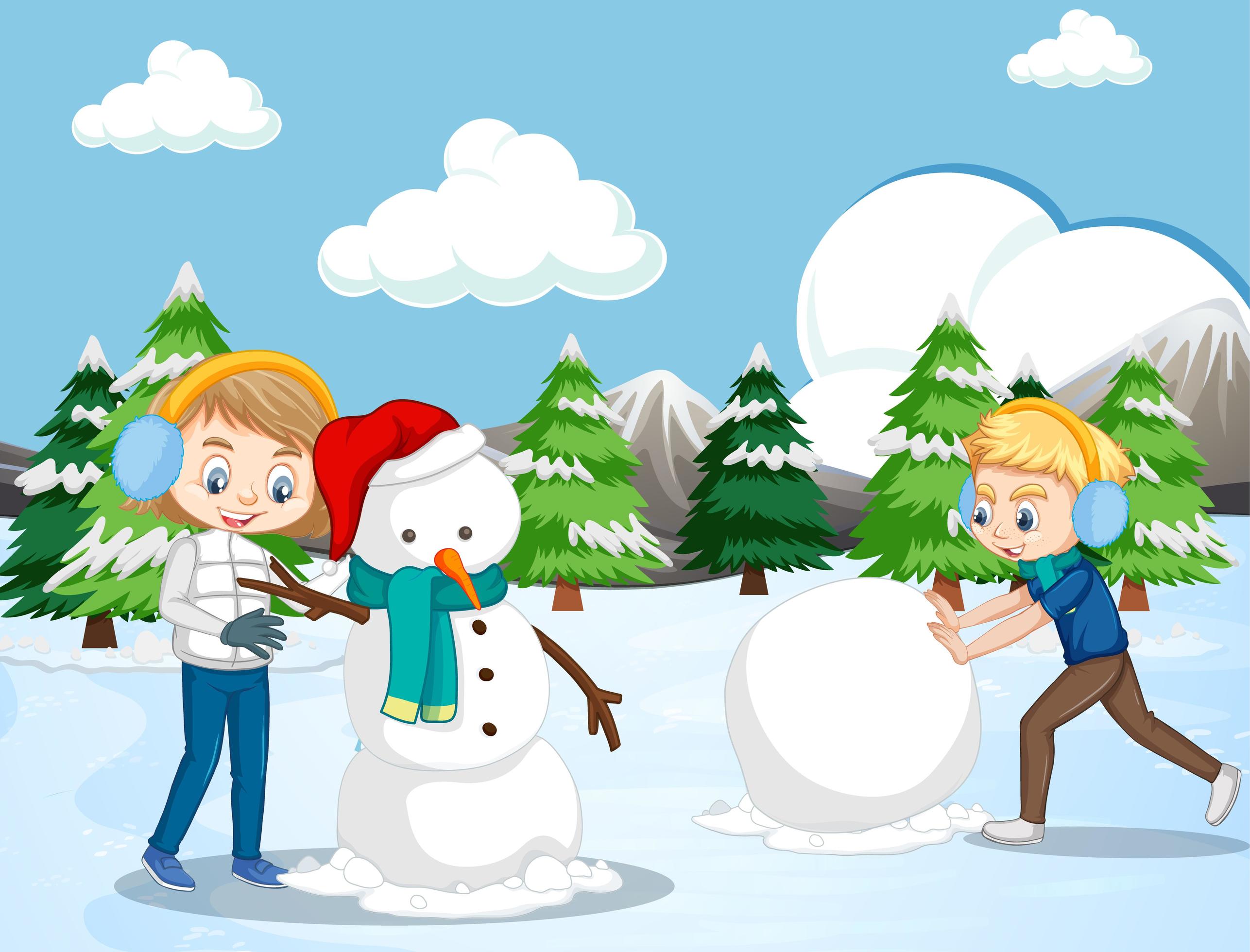 Download Scene with Kids Making Snowman in the Snow Field - Download Free Vectors, Clipart Graphics ...