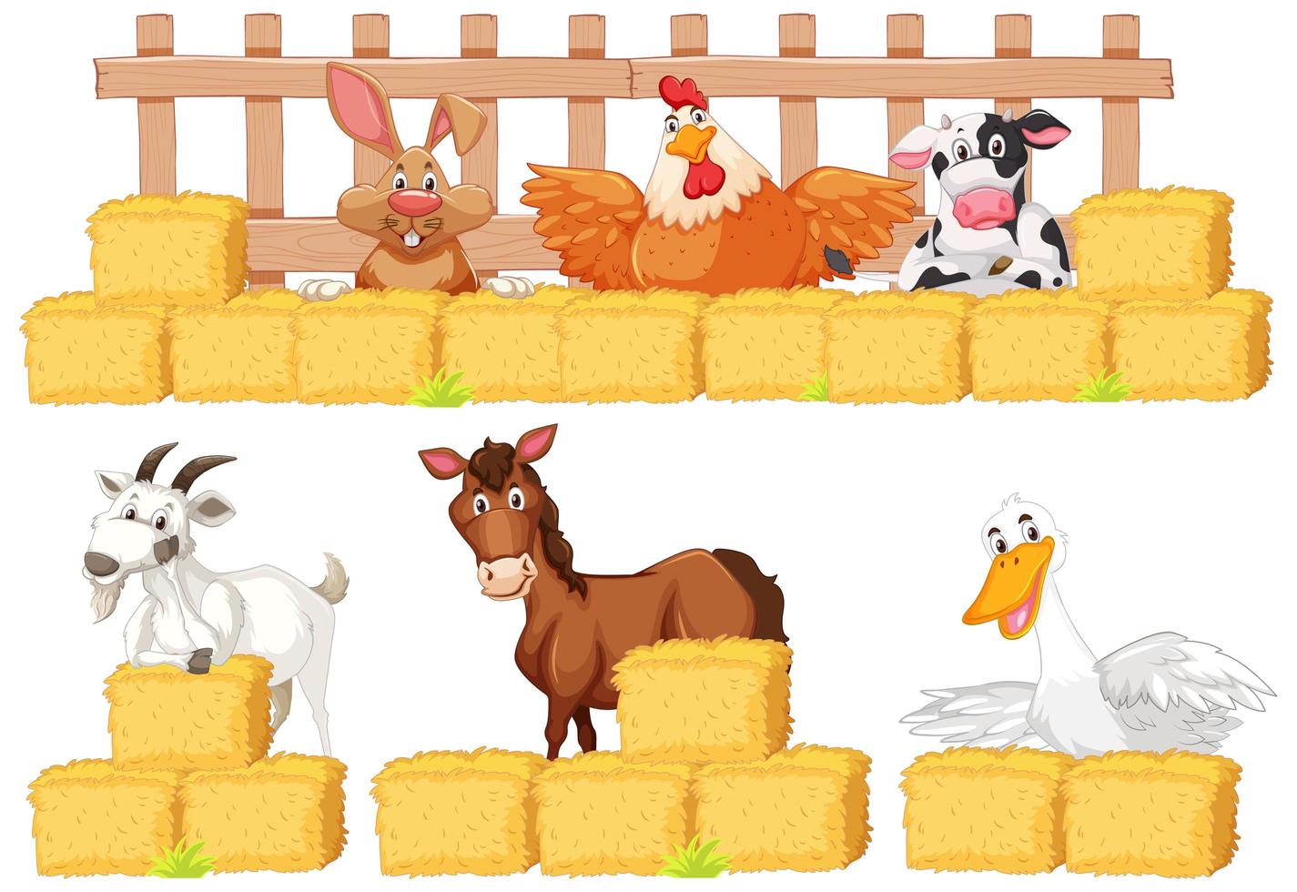 Set of farm animals and hay  vector