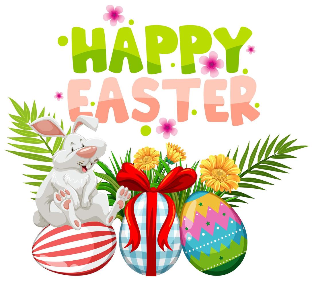 Easter Design with White Rabbit on Painted Eggs vector