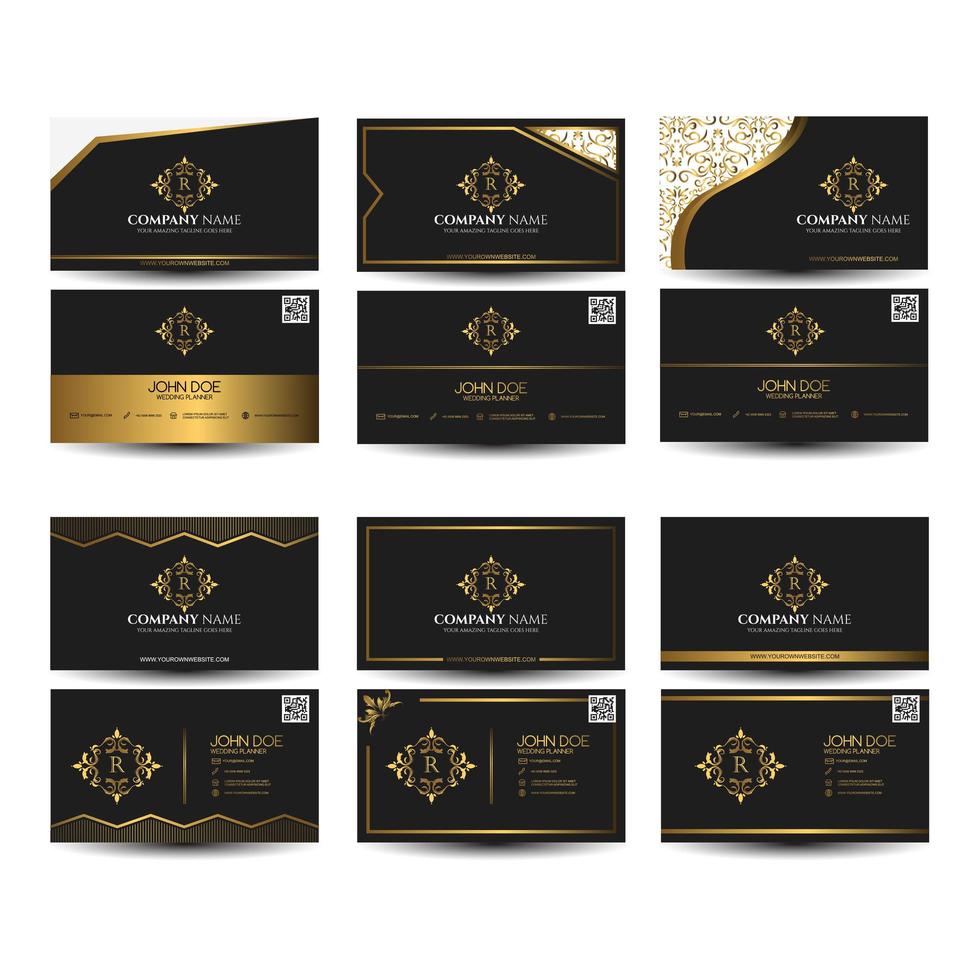 conjunto de tarjetas de visita de adorno negro y dorado vector